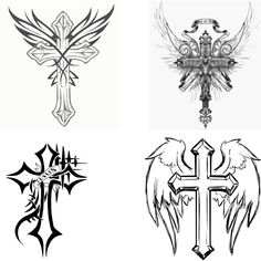 four different types of cross tattoos on white paper, each with an angel's wing