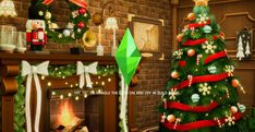 a christmas tree in front of a fireplace decorated with red ribbon and green ornament