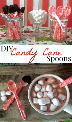 candy cane spoons and marshmallows in glass jars on a wooden table