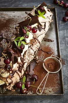 DARK CHOCOLATE AND CHERRY PAVLOVA ROLL Chocolate Cherry Pavlova, Christmas Roulade, Christmas Pavlova Ideas, Rolled Pavlova, Pavlova Roulade, Cherry Pavlova, Pavlova Roll, Roulade Cake, Recipes With Videos