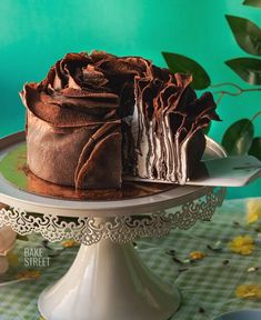 a chocolate cake sitting on top of a white cake plate next to a green wall