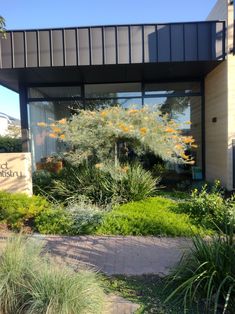 the front entrance to an office building with plants and flowers in it's garden