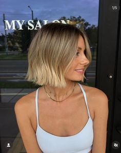 Julianne Hough Dark Hair, Shorter Hair Balayage, Low Maintenance Blonde Bob, Rooted Blonde Bob, Short Blonde Brown Hair, Carved Bob Haircut, Short Brown Hair With Money Piece, Bayalage Lob, Short Lived In Blonde Hair