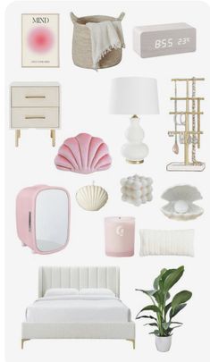 a collage of pink and white items including a bed, nightstand, mirror, lamp, dresser