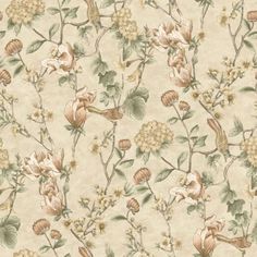 a floral wallpaper with birds and flowers on the side, in beige color scheme