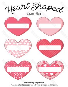 heart shaped name tags with pink and red hearts in the middle, on a white background