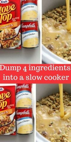 soup being poured into a slow cooker with the words dump ingredients into a slow cooker