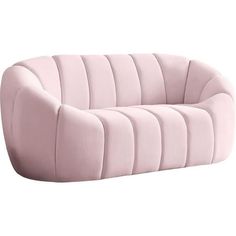 a pink couch sitting on top of a white floor