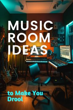 a room with guitars, keyboards and other musical equipment in it that says music room ideas to make you drool