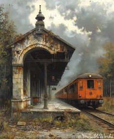 a painting of a train station with an orange train on the tracks next to it