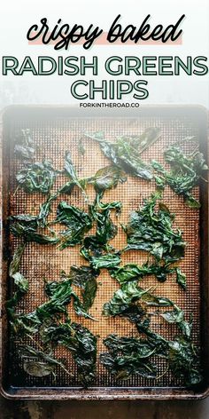 crispy baked radish greens chips on a baking sheet with text overlay