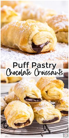 puff pastry chocolate croissants on a cooling rack