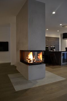 a fire place in the middle of a living room