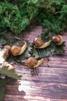 three snails sitting on top of some leaves