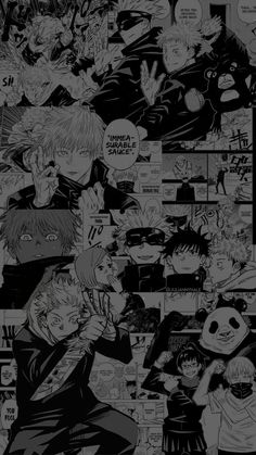 an image of anime characters in black and white, with many pictures on the wall behind them