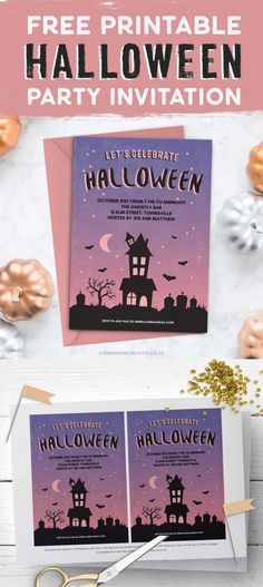 halloween party flyer with an image of a house in the background and text that reads free printable halloween party invitation