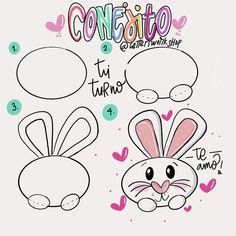 the instructions for how to draw a cartoon rabbit with speech bubbles and hearts on it