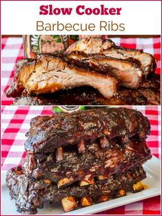 slow cooker barbecue ribs with bbq sauce on top and the recipe below it