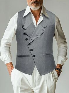 Hombre Chaleco Chaleco de traje Fiesta Festival Vintage Casual Poliéster Color sólido Botonadura Doble Escote en Pico Delgado Negro Chaleco 2024 - $28.99 Fitted Gray Vest For Business, Gray Fitted Vest For Business, Tailored Sleeveless Gray Vest, Gray Sleeveless Vest For Formal Occasions, Vest Suit, Mens Suit Vest, Black Vest, Men's Vest, Suit Vest