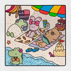 there is a drawing of a teddy bear on the beach with other toys in the background