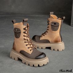 Olivia Mark - Stylish Chunky High-top Motorcycle Boots with Color Collision Retro Tube Design Leather Combat Boots Women, Women Casual Flats, Short Ankle Boots, Winter Heels, Retro Motorcycle, Hippie Clothes, Wedge Loafers, Leather Boots Women, Genuine Leather Shoes