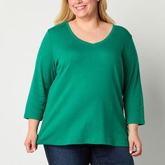 Upgrade your basics with this St. John's Bay women's plus 3/4 sleeve t-shirt to wear with jeans, pants or skirts. It's made from soft ribbed cotton in a regular-fit with a v-neckline that's perfect for layering necklaces.Features: EssentialsClosure Type: Pullover HeadFit: Regular FitNeckline: V NeckSleeve Length: 3/4 SleeveApparel Length: 29 InchesFiber Content: 100% CottonFabric Description: RibCare: Tumble Dry, Machine WashMaterial: CottonCountry of Origin: Imported Layering Necklaces, Jeans Pants, Shirt Shop, Shirts Tops, Product Description, T Shirts For Women, V Neck, T Shirts, Pants