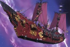 a red pirate ship floating in the air with its sails down and two lights on