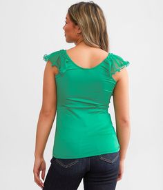 Women's Ruffle Strap Tank Top In Green By Daytrip., Women's Seagreen Satin lined tank Bust measures 32 on size small Body length 22 on size small. Self: 96% Polyester 4% Spandex. Lining: 100% Polyester. Turn inside out. Hand wash cold. Do not bleach. Lay flat to dry. Cool iron on reverse if needed.. Measurements: Bust -Fullest part of bust with arms at sides. Waist -Circumference of natural waist: above belly button below rib cage. Hips -Standing with feet together fullest part of hips. WOMEN'S Green Ruffled Tank Top For Summer, Fitted Green Tank Blouse, Sleeveless Green Blouse For Brunch, Green Ruffled Tank Top For Spring, Green Stretch Top With Ruffles, Chic Green Tops With Ruffled Straps, Green Sleeveless Tank Top With Ruffles, Casual Green Ruffled Tank Top, Green Sleeveless Top With Ruffles