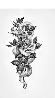 a drawing of a snake and roses with leaves on it's side, in black and white