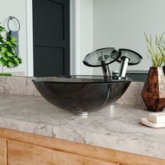 a black bowl sink sitting on top of a counter next to a vase with plants in it