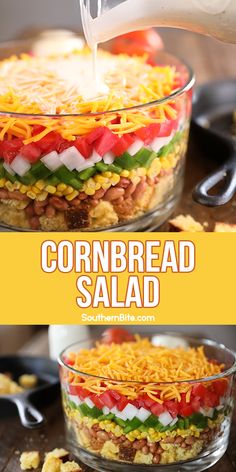 cornbread salad in a glass bowl with cheese being drizzled on top