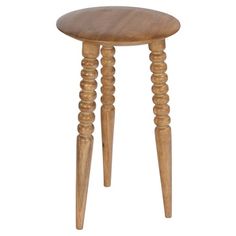 a small wooden table with three legs and a round top on the bottom is made out of wood