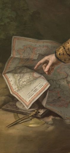 a painting of a person pointing at a map