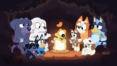 an animated group of dogs sitting around a fire