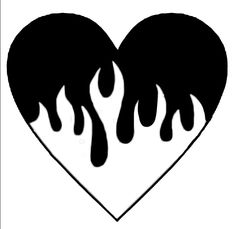 a black and white heart with flames on it