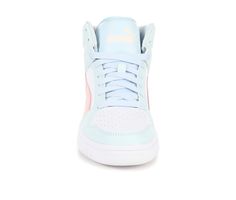 High-top silhouette, Lace-up closure, Padded tongue and collar for added comfort, Traction rubber outsole, Puma branding details | Girls' Puma Layup SL Junior Sneakers in White/Light Blue/Peach Size 4.5 - Big Kid Blue Peach, Big Kid, Big Kids, White Light, High Top, Sleek Design, High Tops, Light Blue, Size 4