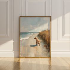 a painting of a dog standing on the beach