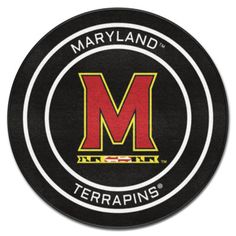 a black and red round mat with the word maryland on it, in yellow letters