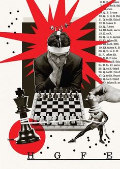 a man playing chess surrounded by red arrows and black and white images with words above it