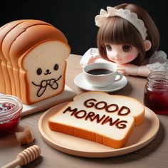 a doll sitting at a table with bread and jam