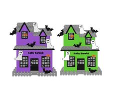 two purple and green houses with bats on them