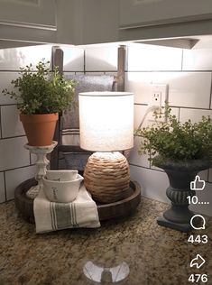 a table topped with a lamp and potted plants