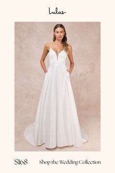 a woman in a white wedding dress with the words, shop the wedding collection