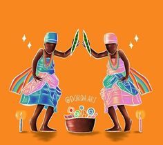 two women in colorful dresses holding hands over a bowl with food on it and an orange background