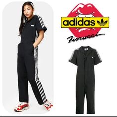 Adidas Loves Fiorucci The Cutest Coveralls! Excellent Condition! Size Extra Small Black With Adidas 3 Stripe Coveralls / Jumpsuit Black With With White Lettering And Stripes Zip Front Short Sleeves Nylon In Great Worn And Washed Condition No Rips, Pulls Or Stains All Photos Of Models Are To Show Style And Fit Xs- Small Because Of Its Relaxed Fit . Flat Lay Measurement Pit To Pit 20 Inch . Length 55 Inch. Waist 17 Inch . Inseam 26 Inch . Limited Edition. Photos Of Models, Coverall Jumpsuit, Jumpsuit Black, Striped Jumpsuit, Adidas X, Adidas Pants, Black Jumpsuit, Model Photos, Flat Lay