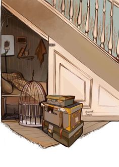 suitcases stacked on top of each other in front of an open door and stair case