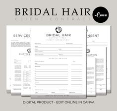 the bridall hair client's receipt is shown in three different sizes and colors