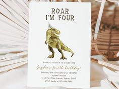 a dinosaur birthday card with the words roar i'm four on it and a party hat