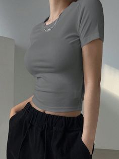 Women's Solid Color Rib-Knit Tight Cropped T-Shirt Grey Casual  Short Sleeve Rib knit   Slight Stretch  Women Clothing, size features are:Bust: ,Length: ,Sleeve Length: Tee Shirt Outfit, Clothes Wishlist, Clothing Aesthetic, Trendy Outfits For Teens, Gray Top, Women T Shirts, Grey Shirt, Crop Shirt, Outfits For Teens