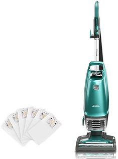 a green and silver vacuum with five cleaning pads next to it on a white background